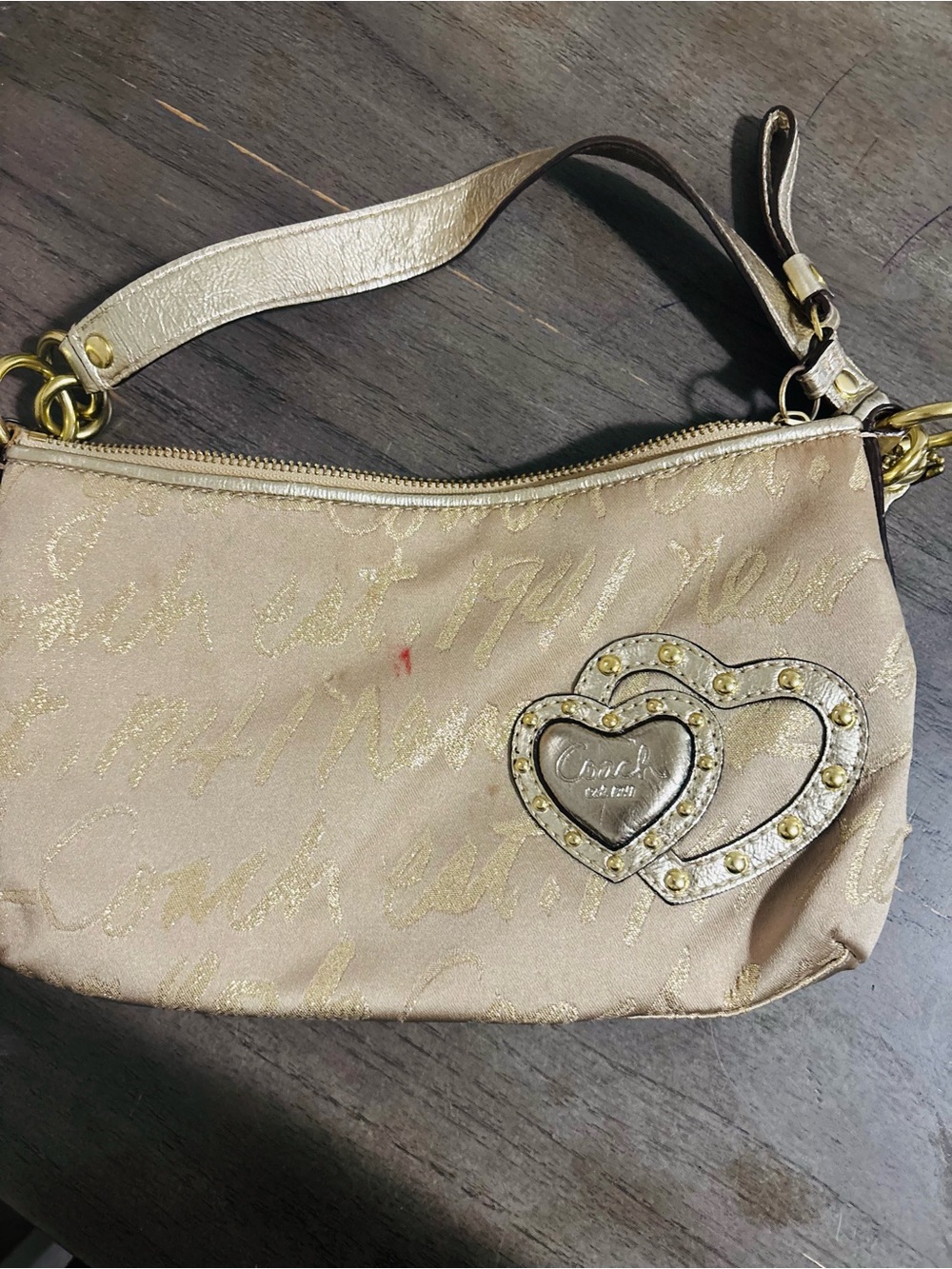 Coach Beige Metallic Script Wristlet with Heart Emblem